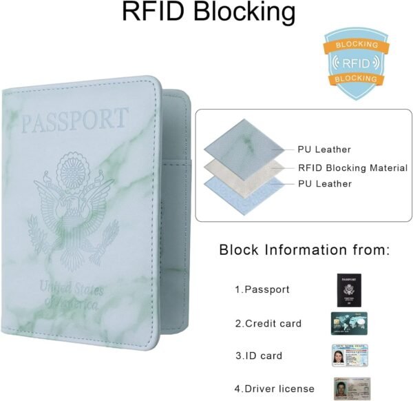 WALNEW Passport Holder for Travel, RFID Passport Cover Wallet for Women Men, PU Leather Passport Book Case with Pen Holder and Clear Photo Slot, Marble Green - Image 5