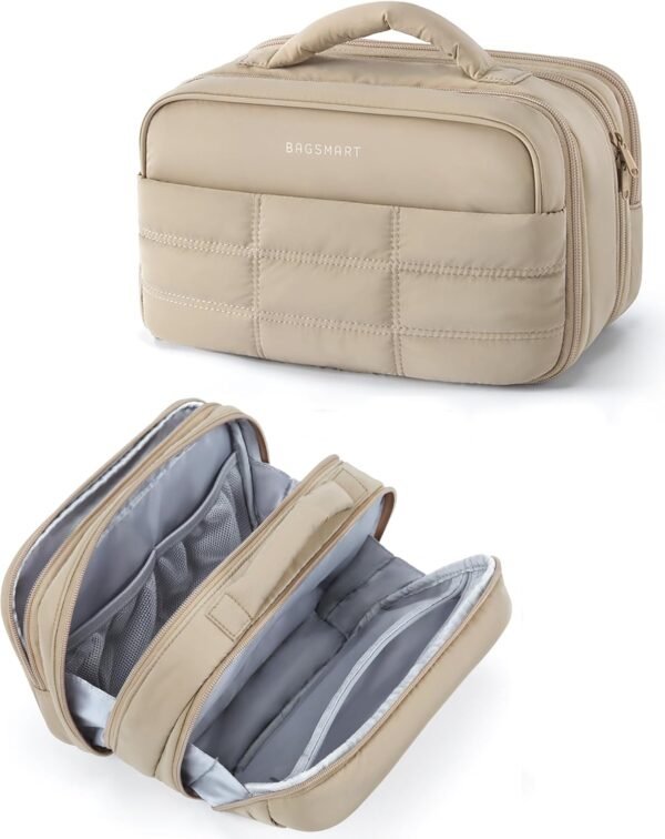 BAGSMART Toiletry Bag for Women, Travel Makeup Bag, Wide-open Portable Make Up Bag Organizer for Women for Travel Essentials Travel-Size Toiletries Accessories Bottles, Brushes, Khaki