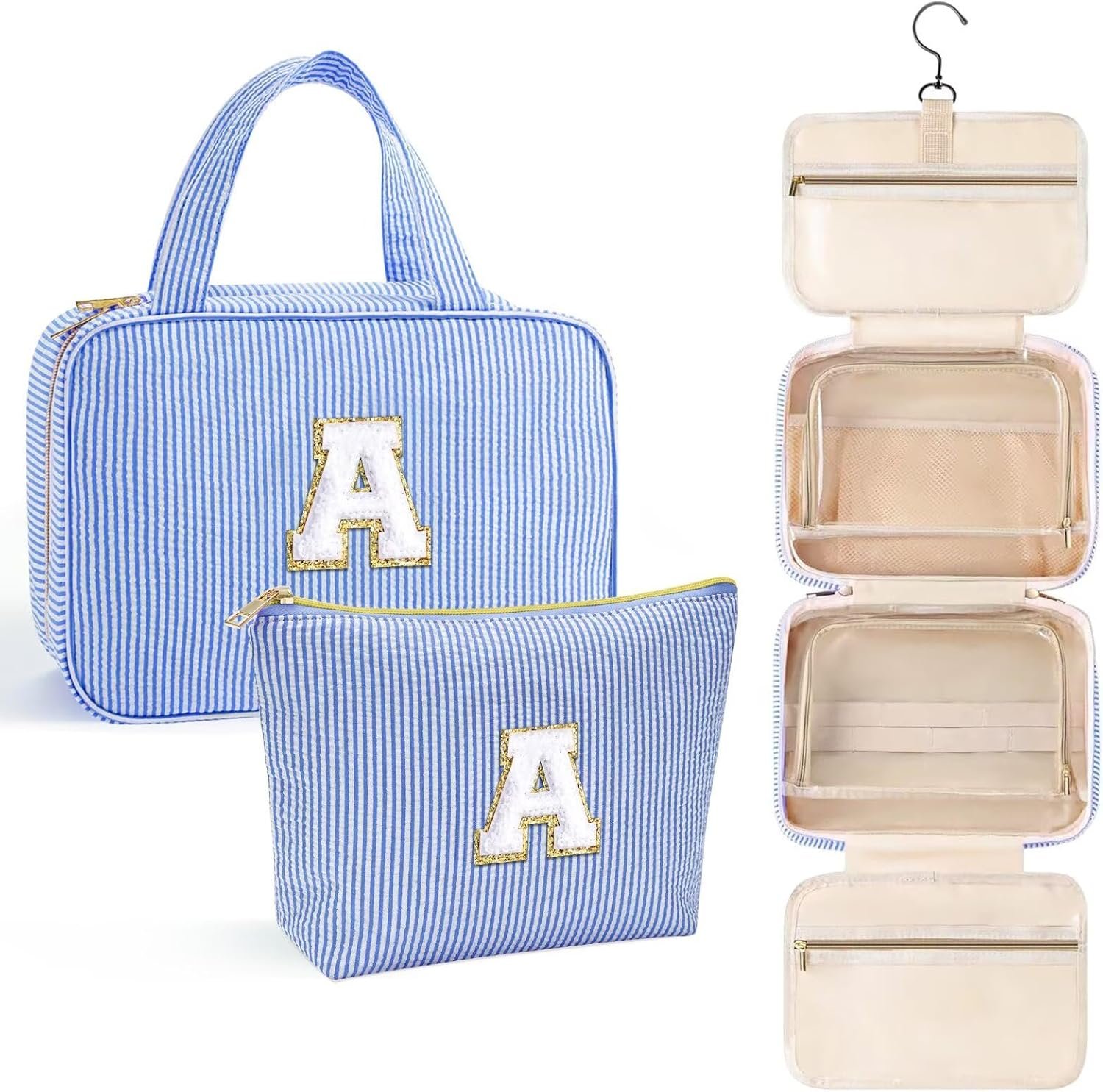 YOOLIFE Hanging Toiletry Bag Makeup Bag for Women Girls, Initial Toiletry Bag Cosmetic Bag, Personalized Birthday Gifts for Women Teen Girls, Letter A, Blue