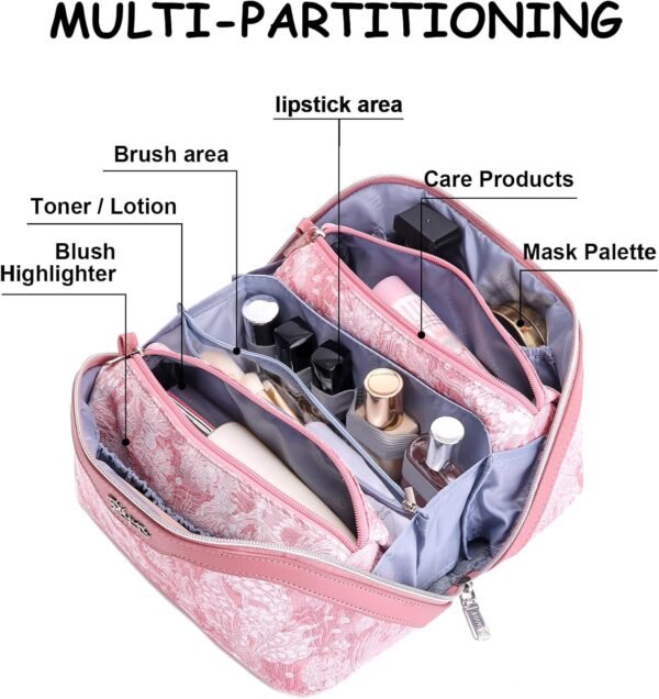 BOYATU Travel Makeup Bag for Women: Large Capacity Make up Bag with Compartments - Vegan Leather Cosmetic Bag set of 3 - Waterproof Toiletry Bag with Handle & Divider(D-04Pink) - Image 7