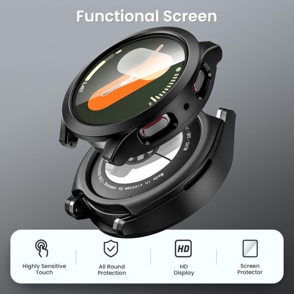 Goton [2 in 1] Waterproof Case for Samsung Galaxy Watch 7 6 5 4 FE 44mm 40mm, 360° Protective Hard PC Front & Back Bumper with Tempered Glass Screen Protector for Galaxy Watch Cover 7 40mm Black - Image 5