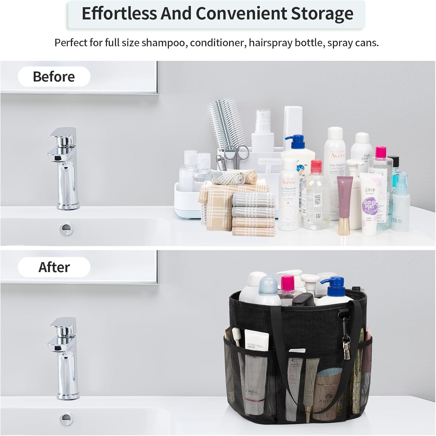 Mesh Shower Caddy Portable, Large Capacity Shower Bag Quick Dry Bathroom Tote, Travel Toiletry Bag Organizer with 6 Pockets for Dorm Room, Gym, Bathroom, Swimming, Camping, Beach, Travelling - Image 4