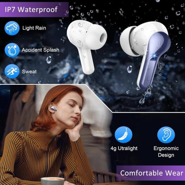 Wireless Earbuds, Bluetooth Headphones 5.3 HiFi Stereo Ear buds with ENC Noise Cancelling Mic, 40H Bluetooth Earbuds with Dual LED Display Charging Case, IP7 Waterproof Earphones for Android iOS, Blue - Image 6