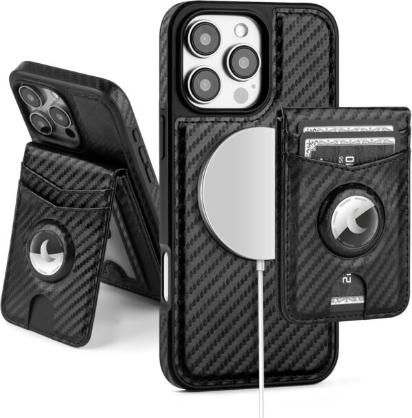 Compatible with MagSafe iPhone 16 Pro Max Case Wallet with AirTag Holder,2 in 1 PU Leather Magnetic Detachable RFID Blocking Credit Card Holder Flip Cover Kickstand for Men Women,Black