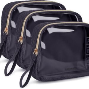 BAGSMART TSA Approved Toiletry Bag, 3 Pack Clear Makeup Cosmetic Bag Organizer, Quart Size Travel Bag for Toiletries, Carry-on Travel Accessories Essentials – Black