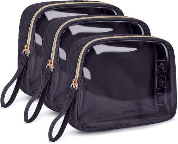BAGSMART TSA Approved Toiletry Bag, 3 Pack Clear Makeup Cosmetic Bag Organizer, Quart Size Travel Bag for Toiletries, Carry-on Travel Accessories Essentials - Black