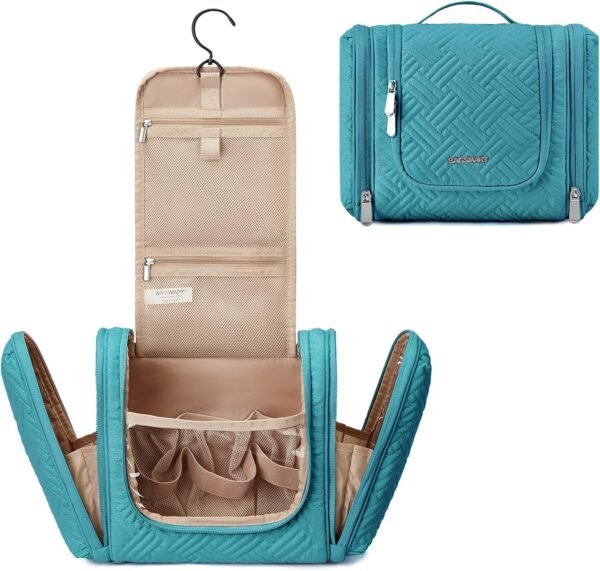 BAGSMART Large Travel Toiletry Bag for Women, Hanging Toiletry Bag with Hook, Travel Cosmetic Makeup Bag Travel Organizer for Accessories, Shampoo, Full Sized Container, Toiletries,Blue-Large
