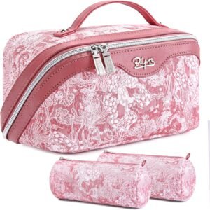 BOYATU Travel Makeup Bag for Women: Large Capacity Make up Bag with Compartments – Vegan Leather Cosmetic Bag set of 3 – Waterproof Toiletry Bag with Handle & Divider(D-04Pink)