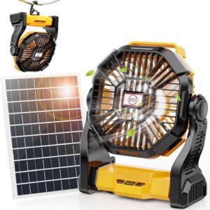 10400mAh Solar Fan, Camping Fan with 7W Panel/LED Lantern, Rechargeable Battery Operated Solar Powered for Outdoor & Indoor – Travel, Picnic, Barbecue, Fishing