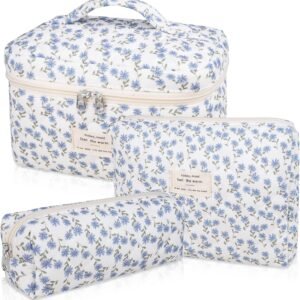 Makeup Bag Set, Quilted Makeup Bag, Large Floral Cosmetic Bag for Women, Cute Cotton Makeup Bags, Flower Travel Toiletry Organizer Bag (Blue Peacock Flower)