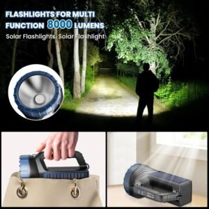 Solar Flashlight,Solar Powered Flashlight for Multi Function 8000 Lumens with Emergency,Portable Bright Camping Rechargeable Flashlights for Home, Outdoor Hiking, Power Outages