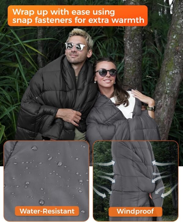 KingCamp Ultralight Camping Blanket, Packable Down Alternative Puffy Wearable Blankets Weatherproof Warm Package Quilt with Snap Buttons for Outdoor Hiking Travel Picnic Stadium (69" x 53", Charcoal) - Image 4