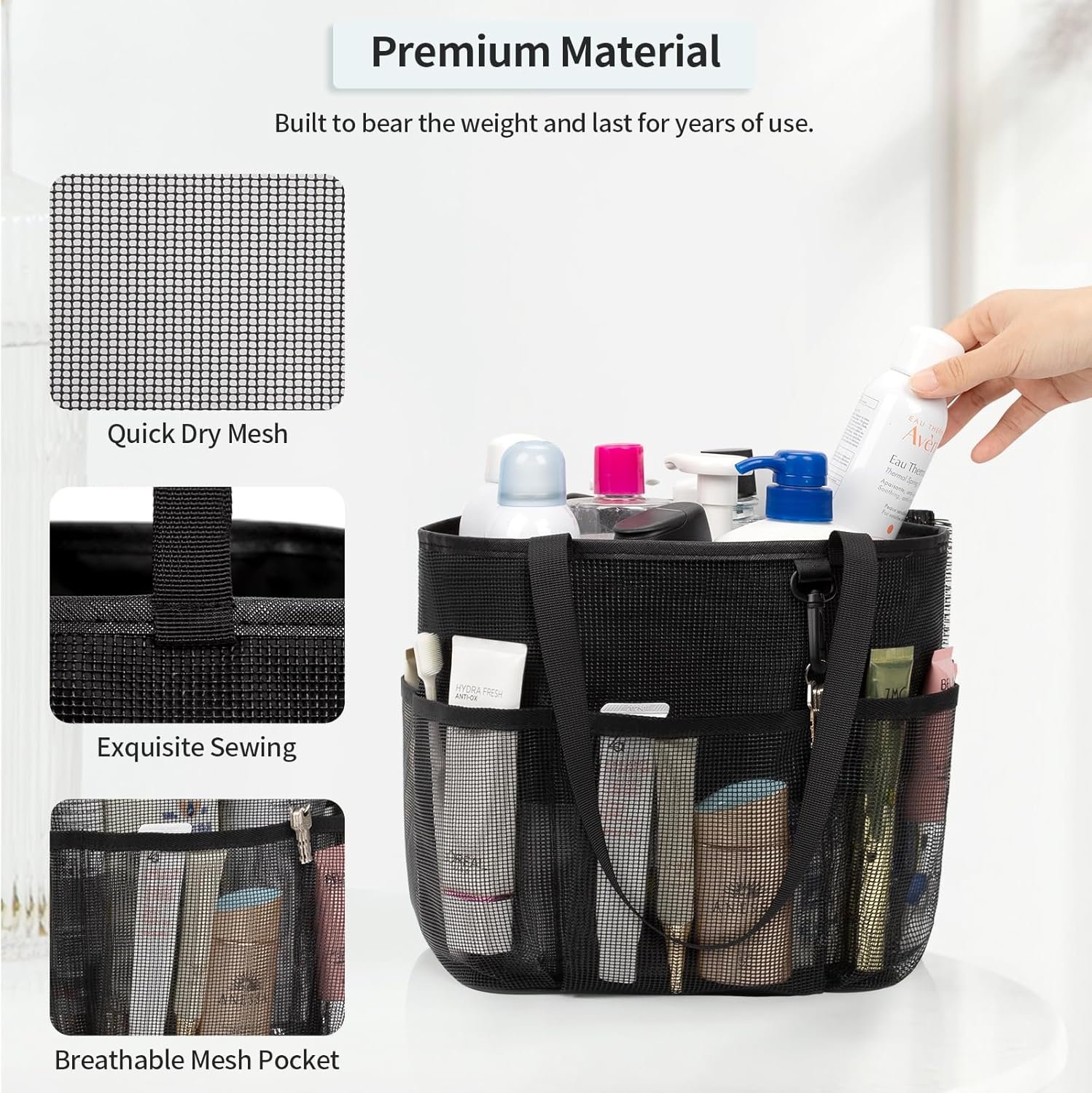 Mesh Shower Caddy Portable, Large Capacity Shower Bag Quick Dry Bathroom Tote, Travel Toiletry Bag Organizer with 6 Pockets for Dorm Room, Gym, Bathroom, Swimming, Camping, Beach, Travelling - Image 6
