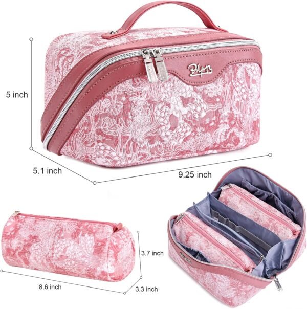 BOYATU Travel Makeup Bag for Women: Large Capacity Make up Bag with Compartments - Vegan Leather Cosmetic Bag set of 3 - Waterproof Toiletry Bag with Handle & Divider(D-04Pink) - Image 2