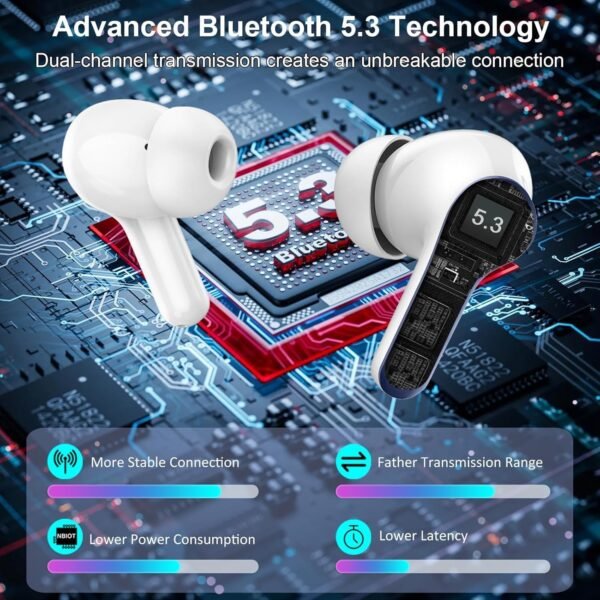 Wireless Earbuds, Bluetooth Headphones 5.3 HiFi Stereo Ear buds with ENC Noise Cancelling Mic, 40H Bluetooth Earbuds with Dual LED Display Charging Case, IP7 Waterproof Earphones for Android iOS, Blue - Image 5
