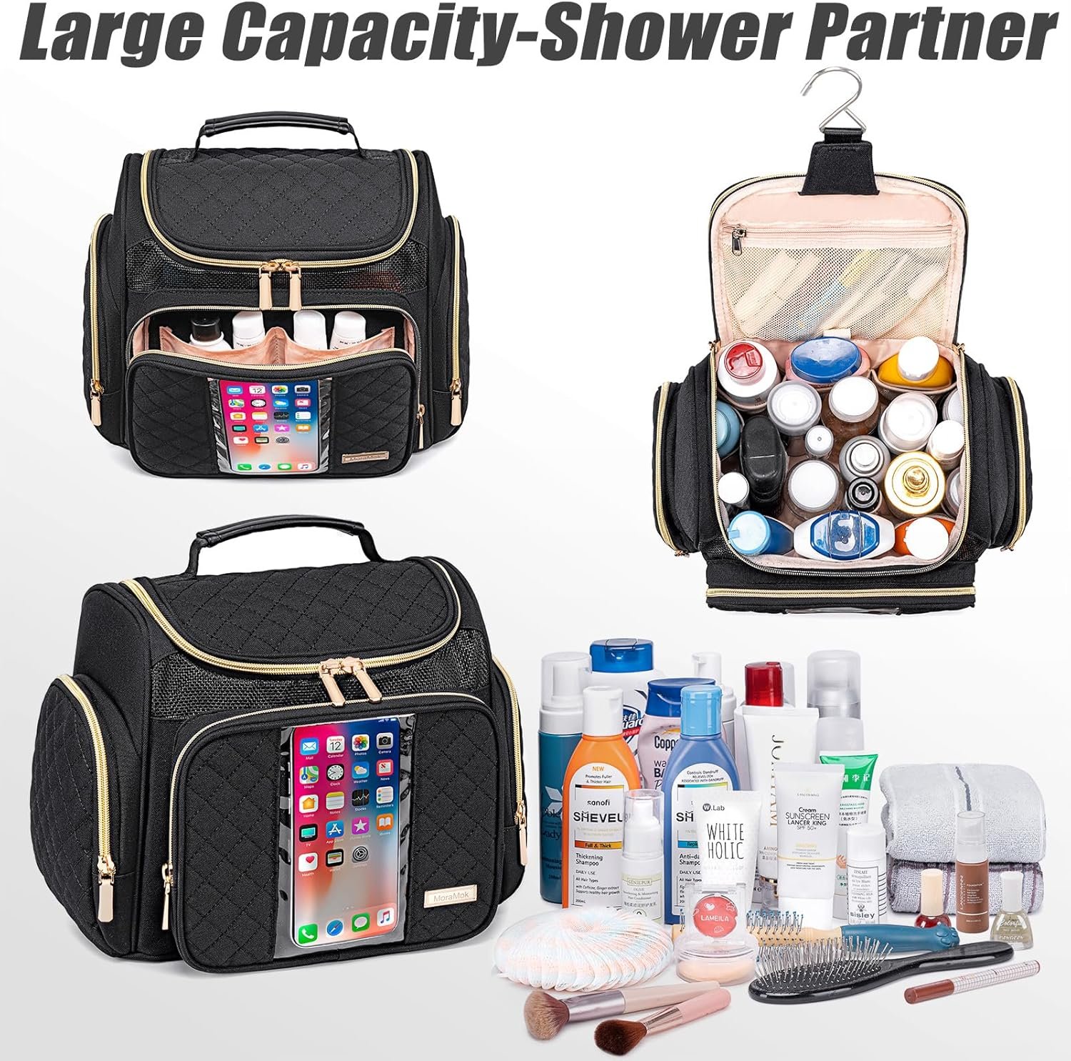 Large Toiletry Bag for Women Men,Bathroom Bag,Water Resistant Makeup Bag,Portable Shower Caddy for College Dorm,Hanging Shower Bag with Transparent Waterproof Phone Pocket - Image 6