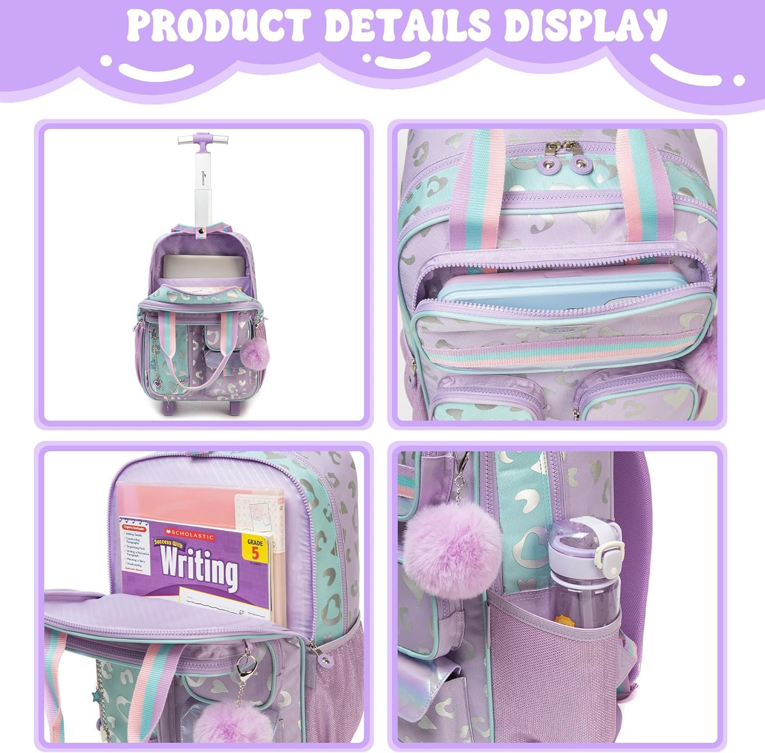 3pcs Teens Rolling Backpack Cute Wheeled, Trolley School Bag with Star Glitter, Travel Roller Backpack with Wheels School Bookbag - Image 4