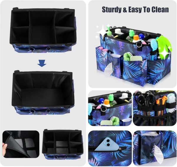 Wearable Cleaning Caddy Bag with Handle, Multi-functional Cleaning Supplies Caddy Organizer with Handle and Shoulder Strap for Car Wash, Gardening Tools, Painting/Picnic Items, Beach (Blue Leaves) - Image 2