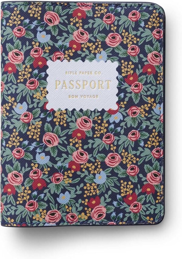 RIFLE PAPER CO. Rosa Passport Holder, Travel Essentials for Women, Card and Passport Anti Theft Wallet, Sized to Fit All Standard Passports, 5.5" L x 4.25" W (Closed)