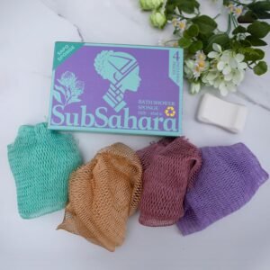 SubSahara African Net Sponge Authentic – 4 Pieces Gentle Exfoliating Scrubber for All Skin Types, Bath Sponge for Face & Body, Travel Portable (Golden, Blush Powder, Mint Green, Lavender Purple)