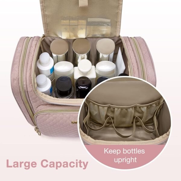 BAGSMART Travel Toiletry Bag for Women, Hanging Toiletry Bag Large Capacity Cosmetic Makeup Bag, Essentials Travel Organizer for Full Sized Toiletries and Cosmetics, Pink - Image 4