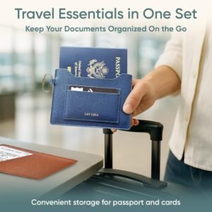 Passport Holder for Travel RFID Blocking Slim Leather Passport Wallet & Passport Book Cover Case with Gold Tone Screw Carabiner and Gift Pouch, Airport Essentials (NAVY)