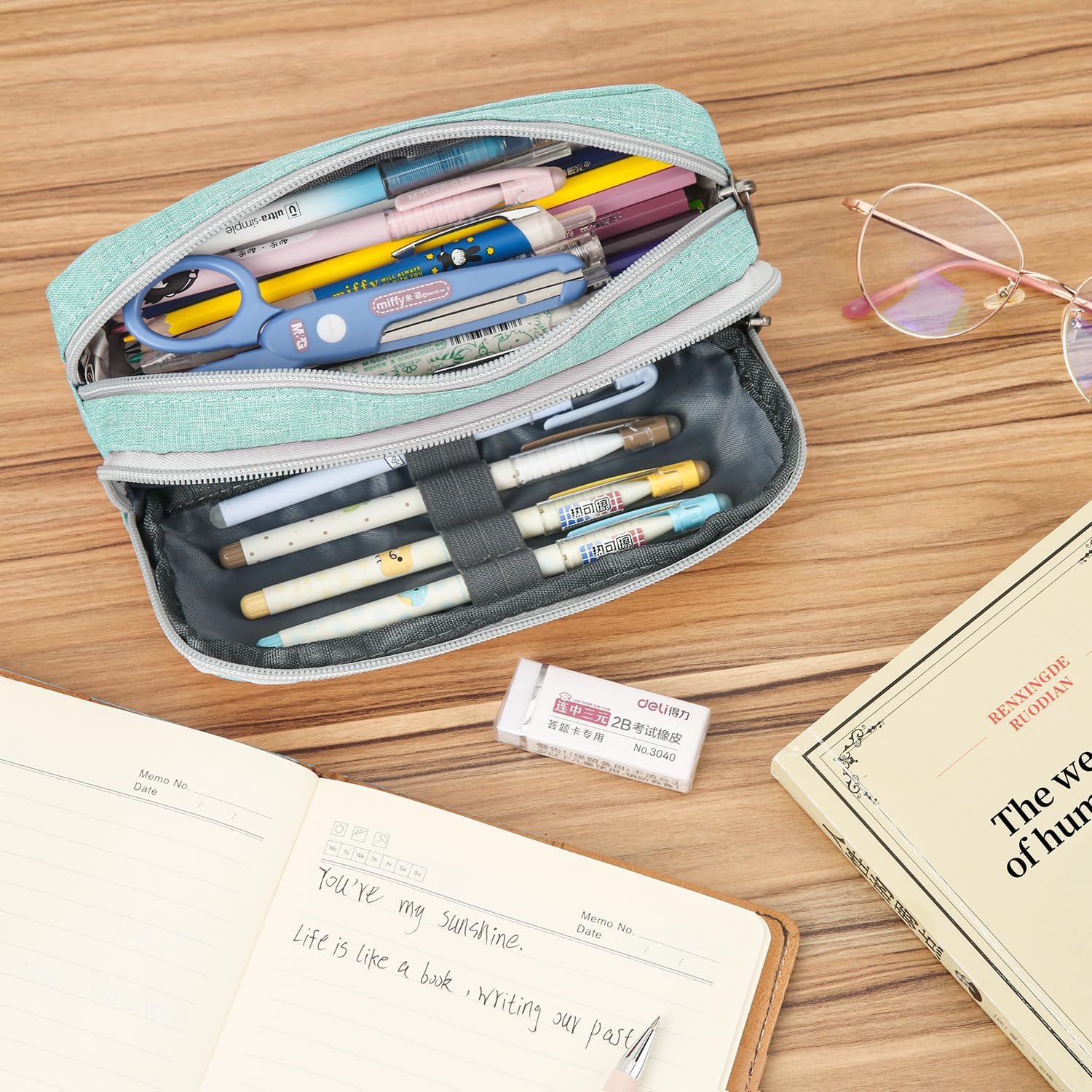 Della Gao Big Capacity Pencil Case, Durable Nylon Pencil Bag Aesthetic Pencil Pouch Travel Simple Stationery Bag Office Organizer Pen Bag for Women and Men - Green - Image 6