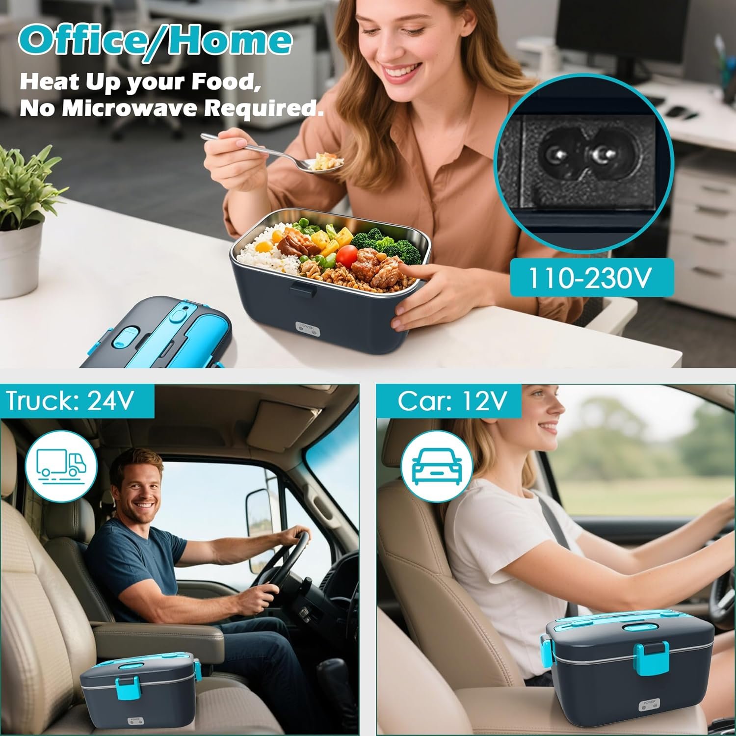 Electric-Lunch-Box-Heated-Food-Warmer 100W Heating Lunchbox for Adults 1.8L Portable Food Heater for Work/Car, 12V/24V/110-230V Lonchera Eléctrica Portátil with Fork Spoon (Gray+Blue) - Image 3