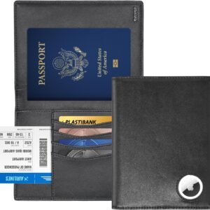 Passport Wallet With Airtag for Travel, Leather Passport Holder for Men and Women, RFID Blocking Bifold Passport Cover With Credit Card Holder (Black)