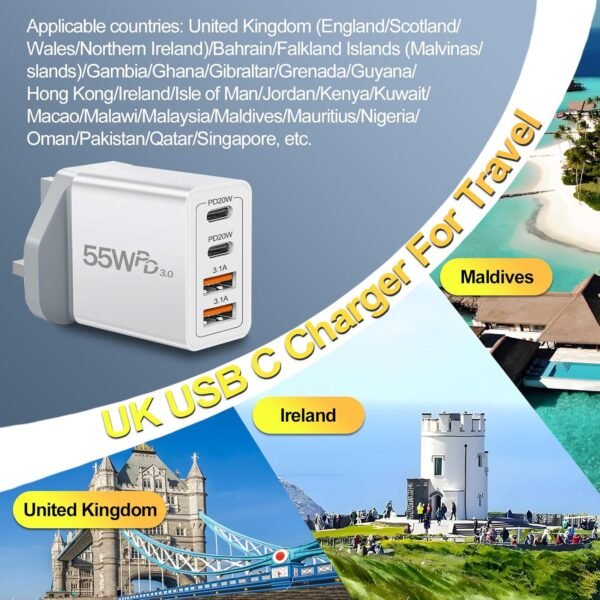 UK Travel Plug Adapter, Type G Plug Adapter 55W 4 Port UK USB C Charger Fast Charging Block UK Ireland Plug Charger for iPhone 16 15 14 13 12 11 Pro Max XS X 8, Galaxy, Pixel, Android - Image 4