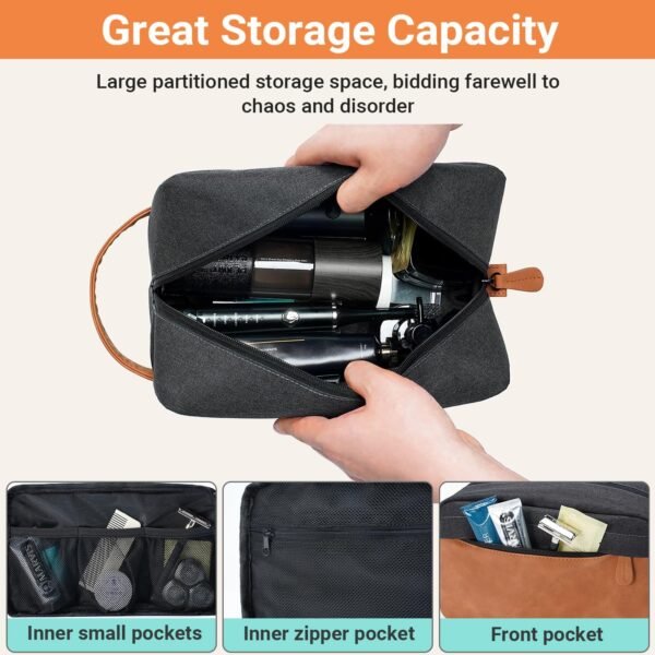 Elviros Travel Toiletry Bag for Men, Hanging Shaving Dopp Kit PU Leather Small Pouch Water Repellent Travel Essentials Organizer Gift for Dad, Black - Image 2
