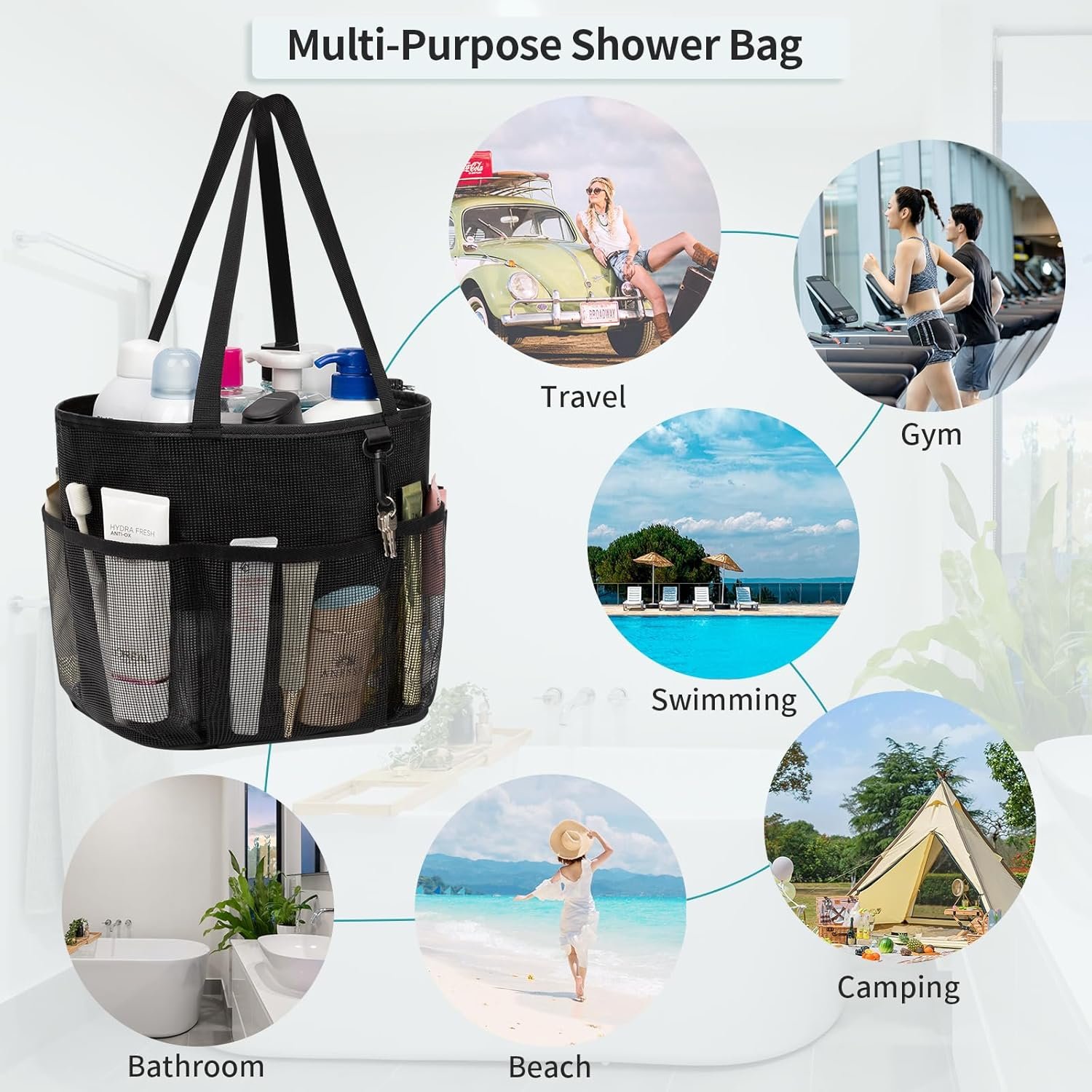 Mesh Shower Caddy Portable, Large Capacity Shower Bag Quick Dry Bathroom Tote, Travel Toiletry Bag Organizer with 6 Pockets for Dorm Room, Gym, Bathroom, Swimming, Camping, Beach, Travelling - Image 7