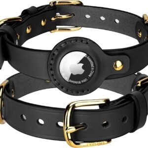 AirTag Dog Collar – Genuine Heavy Duty Leather Dog Collar with Apple AirTag Holder, Suitable for Small Medium Large Dogs (Black, M, 13.6″-17.6″ Neck Fit)