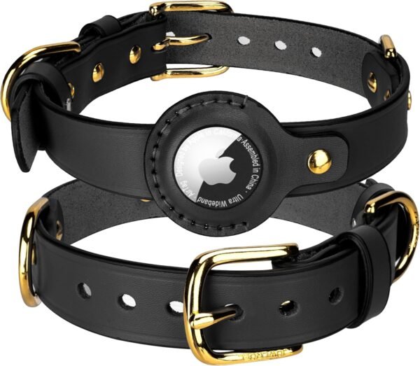 AirTag Dog Collar - Genuine Heavy Duty Leather Dog Collar with Apple AirTag Holder, Suitable for Small Medium Large Dogs (Black, M, 13.6"-17.6" Neck Fit)