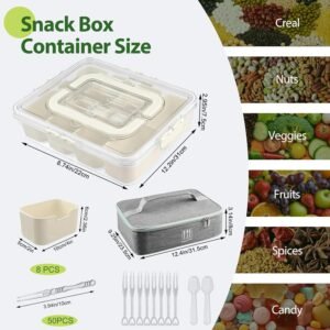 Snack Box Container with Insulated Cooler Bag – Divided Serving Tray with Lid and Handle, Portable 8 Compartment Snack Container with 50 Forks, Dishwasher Safe Snackle Box for Snacks, Candy, Fruits