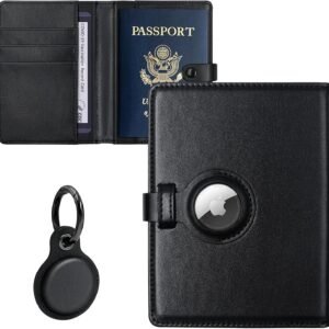 AirTag Wallet Passport Travel Package with Cover Holder Case and Luggage Keychain Tag Accessory with Vaccine Card Protector for Men and Women (Black)