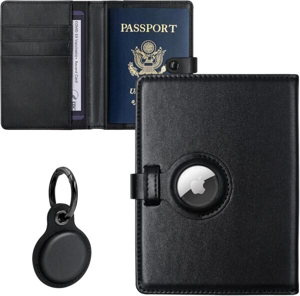 AirTag Wallet Passport Travel Package with Cover Holder Case and Luggage Keychain Tag Accessory with Vaccine Card Protector for Men and Women (Black) - Image 2
