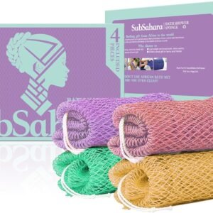 SubSahara African Net Sponge Authentic – 4 Pieces Gentle Exfoliating Scrubber for All Skin Types, Bath Sponge for Face & Body, Travel Portable (Golden, Blush Powder, Mint Green, Lavender Purple)