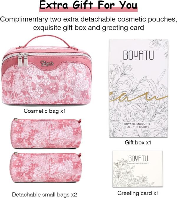 BOYATU Travel Makeup Bag for Women: Large Capacity Make up Bag with Compartments - Vegan Leather Cosmetic Bag set of 3 - Waterproof Toiletry Bag with Handle & Divider(D-04Pink) - Image 6