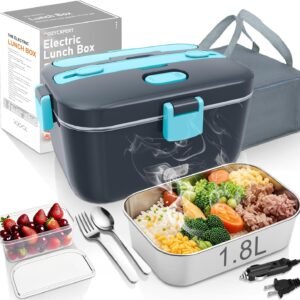 Electric-Lunch-Box-Heated-Food-Warmer 100W Heating Lunchbox for Adults 1.8L Portable Food Heater for Work/Car, 12V/24V/110-230V Lonchera Eléctrica Portátil with Fork Spoon (Gray+Blue)