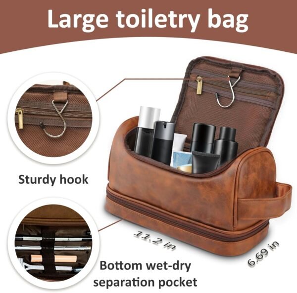 Toiletry Bag for Men, Large Leather Leather Shaving Kit, Travel Essentials Dopp kit, Gifts for Father, Dad, Boyfriend, Grandpa, Shaving Kit for Men Bag - Image 3