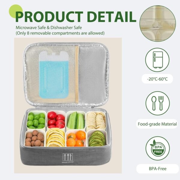 Snack Box Container with Insulated Cooler Bag - Divided Serving Tray with Lid and Handle, Portable 8 Compartment Snack Container with 50 Forks, Dishwasher Safe Snackle Box for Snacks, Candy, Fruits - Image 3