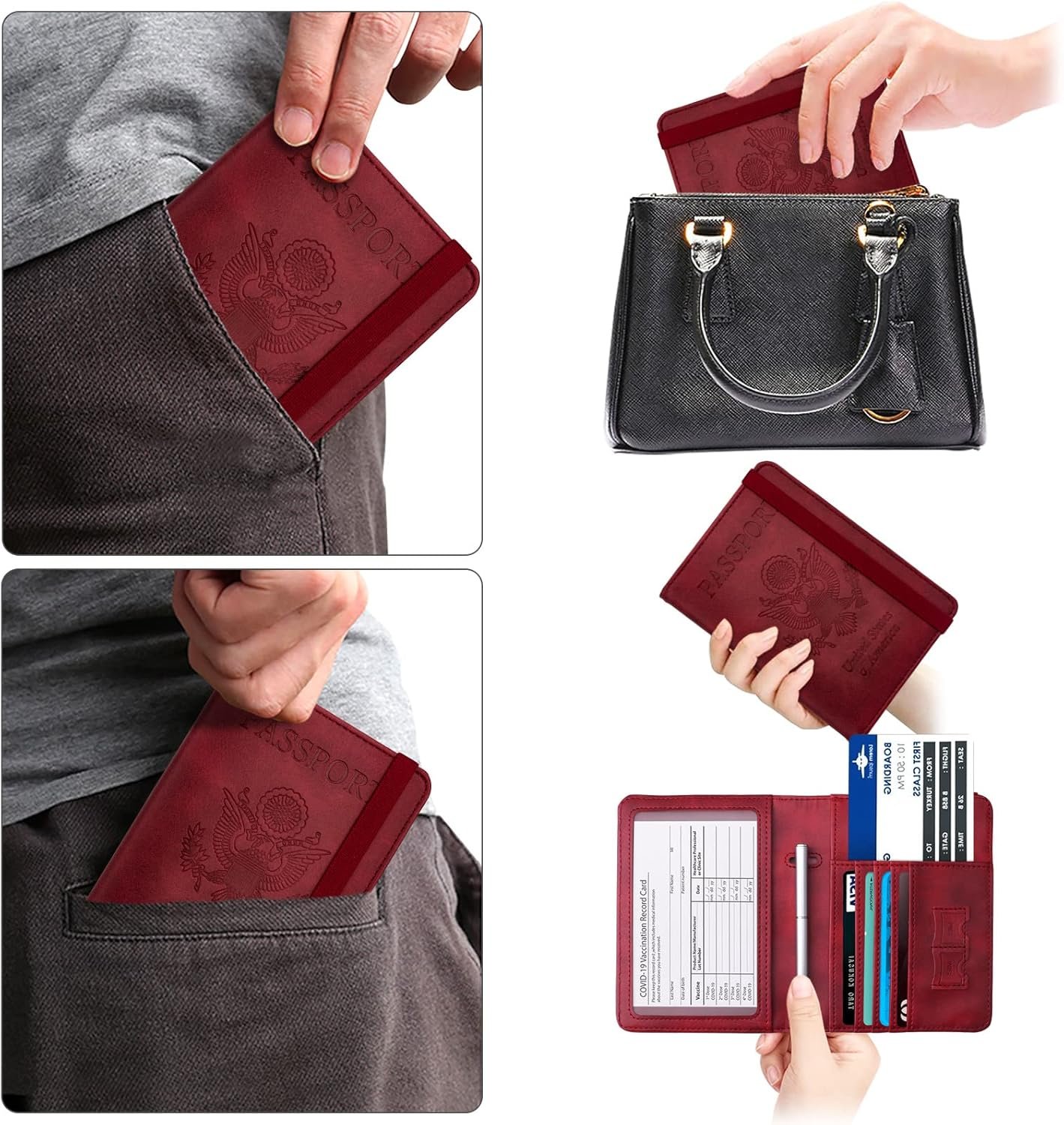 WALNEW Passport Holder Wallet, RFID Blocking Passport Cover Case PU leather Card Holder with Pen and Clear Card Slot for Women Men, Red - Image 8