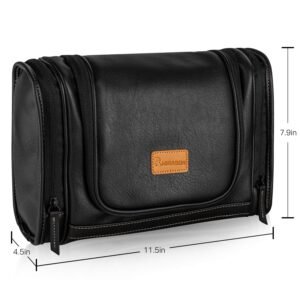 MIRASON Travel Toiletry Bag, Hanging Toiletry Bag for Men, Leather Travel Shower Bag for Toiletries Dopp Kit Bathroom Bag with Metal Hook Gift for Men (Black)