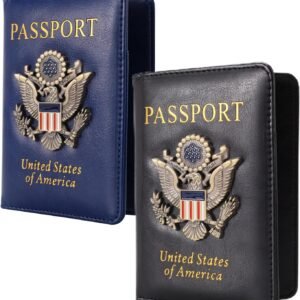 2 pieces Passport Holder and Card Slot Combo RFID Blocking Leather Family Travel Passport Wallet Travel Accessories for Men Women (Blue and black)