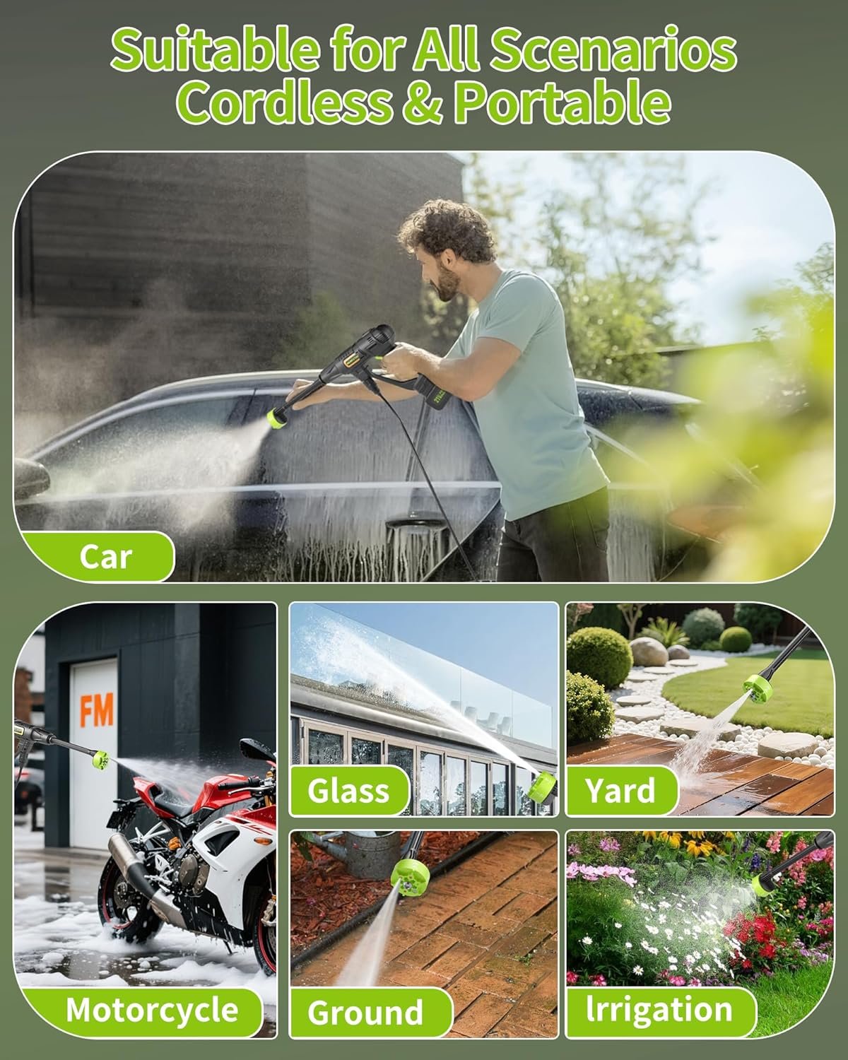 Cordless Pressure Washer Battery Powered; 990PSI Cordless Power Washer with 6-in-1 Nozzle, 23FT High-Elastic Hose, 21V Battery&Charger; Portable Handheld Pressure Washer Cleaner for Home, Car, Garden - Image 8