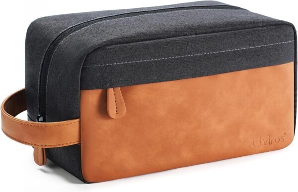 Elviros Travel Toiletry Bag for Men, Hanging Shaving Dopp Kit PU Leather Small Pouch Water Repellent Travel Essentials Organizer Gift for Dad, Black