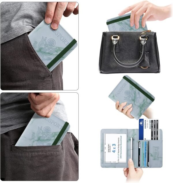 WALNEW Passport Holder for Travel, RFID Passport Cover Wallet for Women Men, PU Leather Passport Book Case with Pen Holder and Clear Photo Slot, Marble Green - Image 6