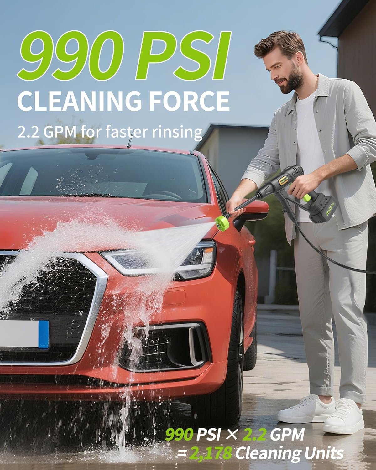 Cordless Pressure Washer Battery Powered; 990PSI Cordless Power Washer with 6-in-1 Nozzle, 23FT High-Elastic Hose, 21V Battery&Charger; Portable Handheld Pressure Washer Cleaner for Home, Car, Garden - Image 2