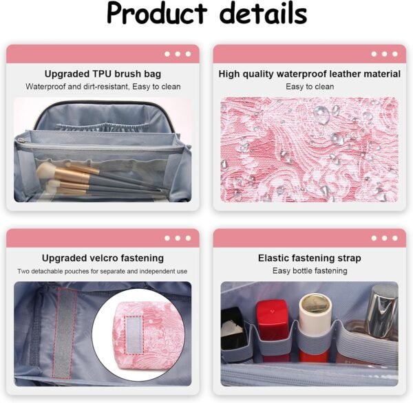 BOYATU Travel Makeup Bag for Women: Large Capacity Make up Bag with Compartments - Vegan Leather Cosmetic Bag set of 3 - Waterproof Toiletry Bag with Handle & Divider(D-04Pink) - Image 4